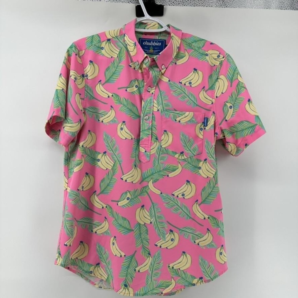 Chubbies Shirt Mens Small Pink Banana Print Hawaiian Button Up Short Sleeve